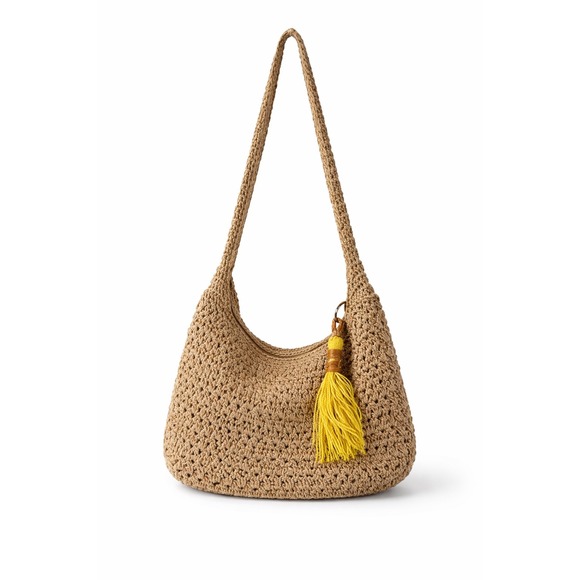 The Sak Handbags - The Sak Crochet Hobo Bag Tan Neutral Boho Shoulder Bag with Yellow Tassel